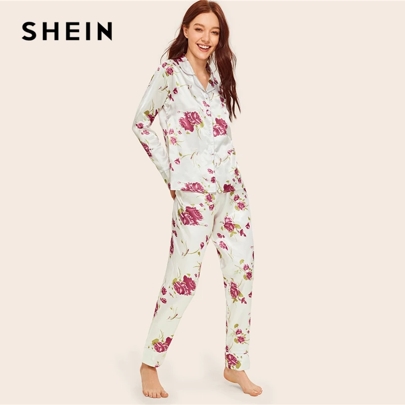 Женский Атласный пижамный комплект SHEIN комплекты с длинными карманами и