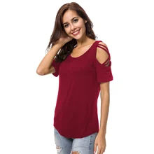 Женская хлопковая Футболка с перекрестными завязками, с открытыми плечами, с короткими рукавами, футболка, однотонный топ с асимметричным подолом для femininas Blusas Vest Camisa