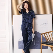 Однотонные, шелковые пижамы набор Для женщин летние женские пижамные комплекты, одежда для сна, и пижамные штаны леди Повседневное пижамы плюс Размеры M-3XL