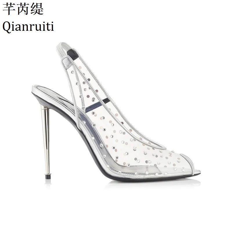 

Qianruiti Clear Transparent PVC Stiletto Heels Women Sandals Peep Toe High Heels Women Shoes Elastic Band Slingback Women Pumps