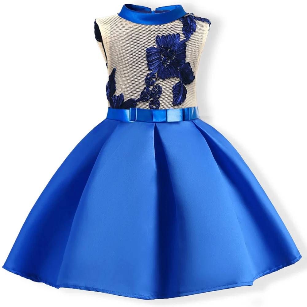 Фуксия красный королевский синий водолазка цветок вышивка платье для девочек - Цвет: blue