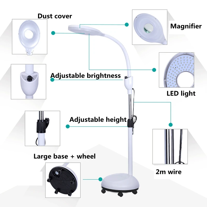 Lâmpada de Assoalho Kinlams Beleza Bordado Lâmpada Ajustável 8x Ampliar Luz Fria Cílios Ler Prego Tatto Salão Led 5 Luminárias de pé