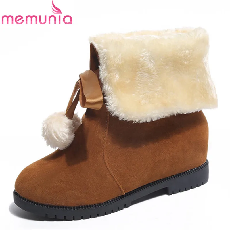 Goedkoop MEMUNIA 2018 nieuwe collectie flock ronde neus winter laarzen lace up zoete toevallige enkellaarsjes voor vrouwen mode snowboots zwart rood