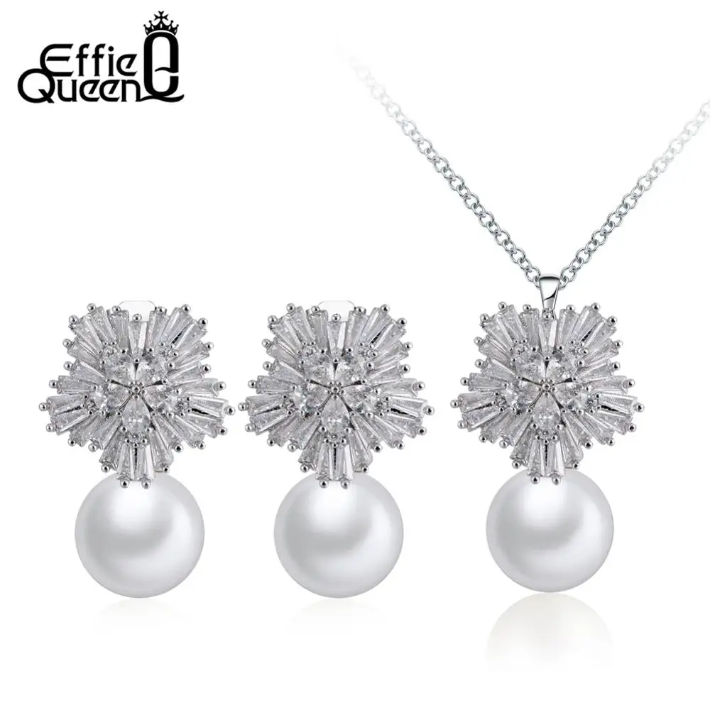 

Effie Queen Fashion Party Jewelry Set Top Quality Simulated Pearl Pendant Necklace+Earrings For Women AAA CZ Stud Earring DOS118