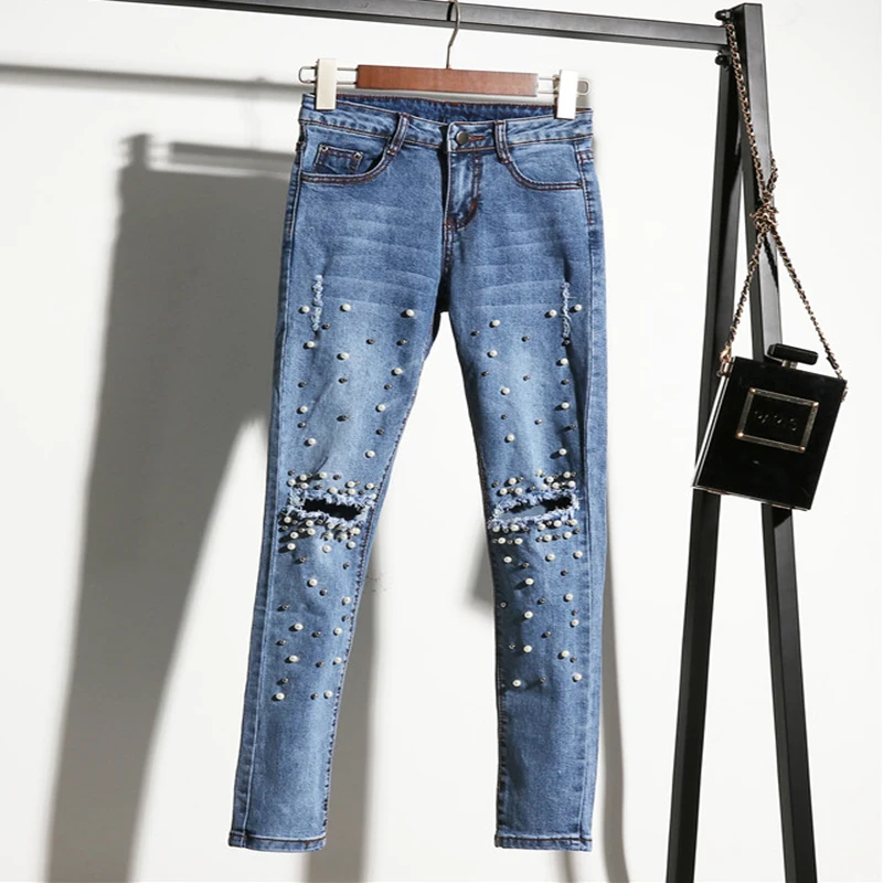 Pearl Bead Jeans Women Fashion Knee piercing Jeans Ladies New Spring
