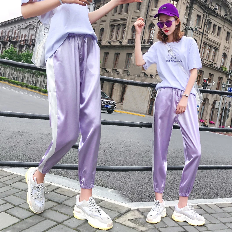 Arfreeker Harajuku Хип Хоп карго блестящие штаны для женщин уличный стиль Pantalon Femme Высокая талия Jogger Sweatpant розовый фиолетовый брюки