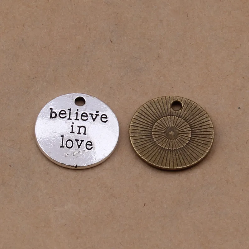 50pcs 18x18mm Antique Bronze Plated Round Message Charm Word "Believe