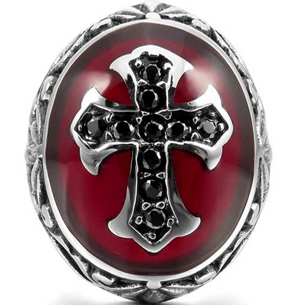 Размер 7-15 Ретро Винтаж красная эмаль кольцо Серебряный тон Рыцарь Флер де Лис крест молитва Байкер Хэллоуин