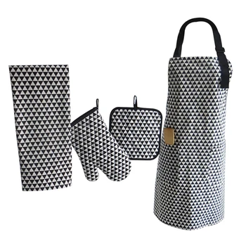

4PC/Set Kitchen Linen Set Cotton Mitts Set Soft Triangle Pattern Oven Mitts Placemat Napkin Apron Oven Mitts for Home Restaurant