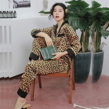

Women Sexy Pajamas Sets Silk Homewear Satin Sleepwear Leopard Print Pijama Night Pyjama Femme Silk Pijama Mujer Homewear