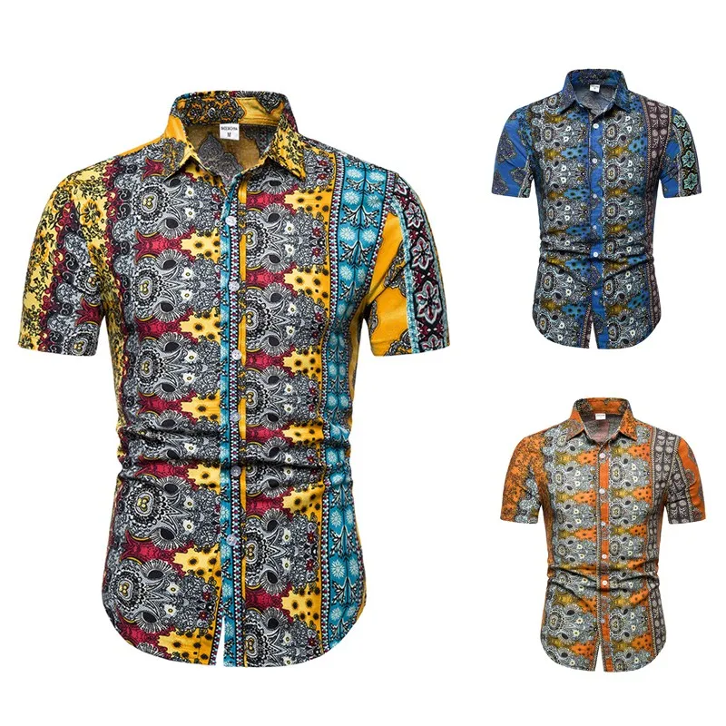 HuLooXuJi Для мужчин с ретро рубашки 2019 Новый Повседневное дышащая рубашка мода геометрический принт Рубашка с короткими рукавами рубашки нам