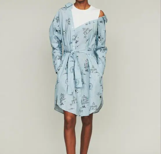 

2019 spring new off the shoulder long sleeve city print striped stitching women irregular dress with belt