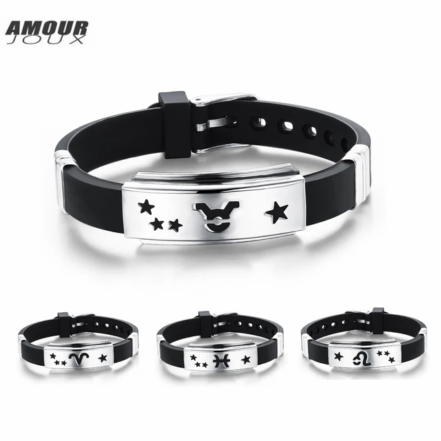 Amourjoux Fashion 12 Constellations Zodiac Signs Stainless Steel Amourjoux Fashion 12 Constellations Zodiac Signs Stainless Steel Silicone Charm Bracelet With Clasp For Men