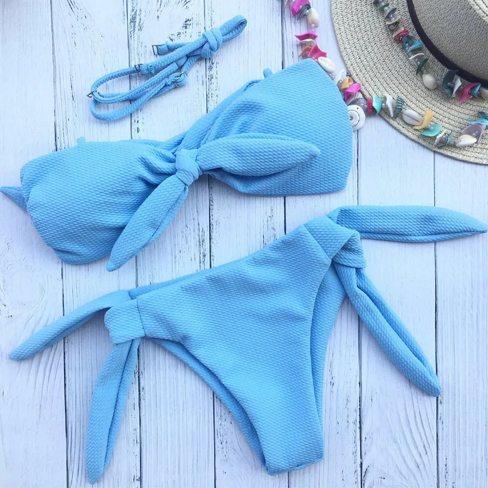 

Women Sexy Bikini Set Push-Up Padded Bow Swimwear Swimsuit Beachwear Bikini Set Solid swimsuit-feminine-separate swimsuit female