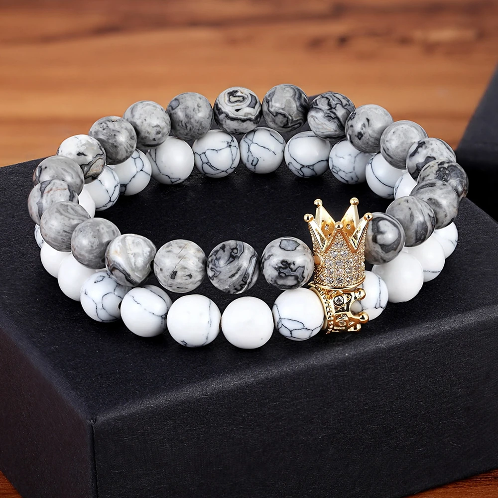 

XQNI 9 Designs For Choice with Gray Natural Stone & White Howlite Elasticity Rope Strand Beads Bracelets For Unisex Jewelry Gift