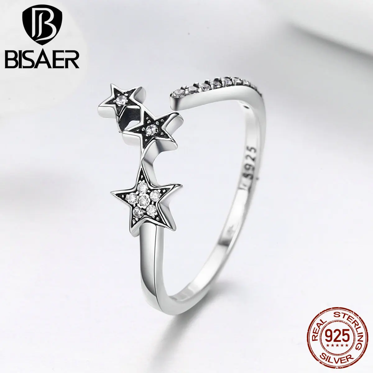 BISAER Аутентичные 925 пробы серебряные регулируемые ослепительные звезды открытый размер женские кольца на палец для женщин ювелирные изделия из серебра GXR312