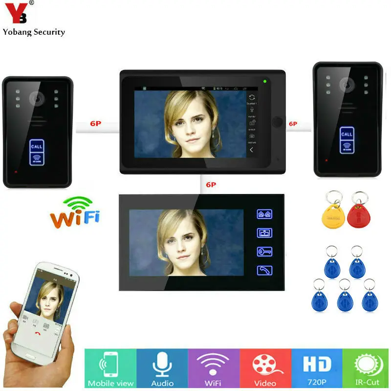 

YobangSecurity 7 TFT Wired / Wireless Wifi IP Video Door Phone Doorbell Intercom System with 2 RIFD Wired Camera Night Vision