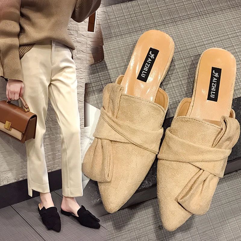 

2019 flat bottom square toe slippers female wearing lazy half slippers women's slip on hollow out mesh Loafers Mules Flip Flops