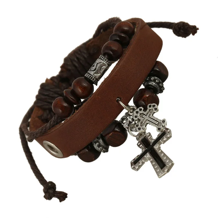 2016 New Genuine Leather Rope Vintage Bracelets Wristband Ethnic Beads Cross Punk Bracelet