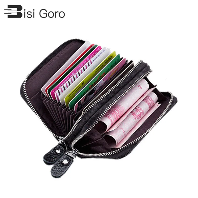 

BISI GORO 2019 Women Men Large Capacity Business Credit Card Hoder RFID Blocking Card Holders Double Zippe Cards Wallet Brand