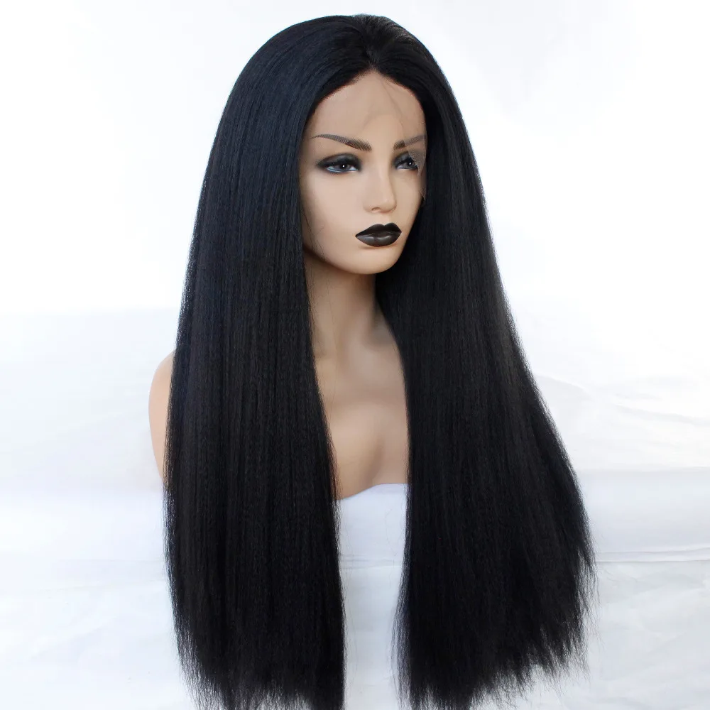 Synthetic Kinky Straight Lace Front Wig for Women, Natural Hairline, Black, Heat Resistant, Middle Part image 2