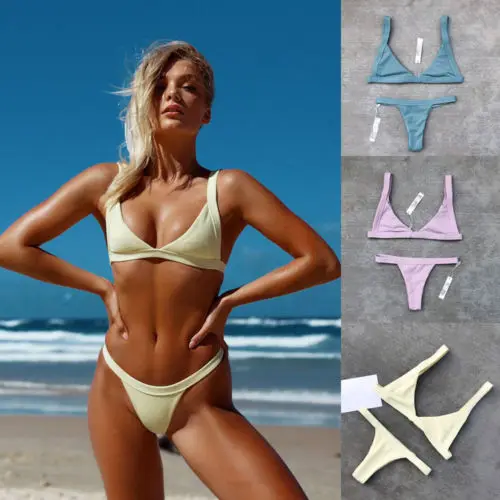 

Sexy Women Brazilian Bikini Set Solid color Swimwear Bandage Swimsuit Push-up Padded Bathing Suit Low Waist Beachwear Biquini