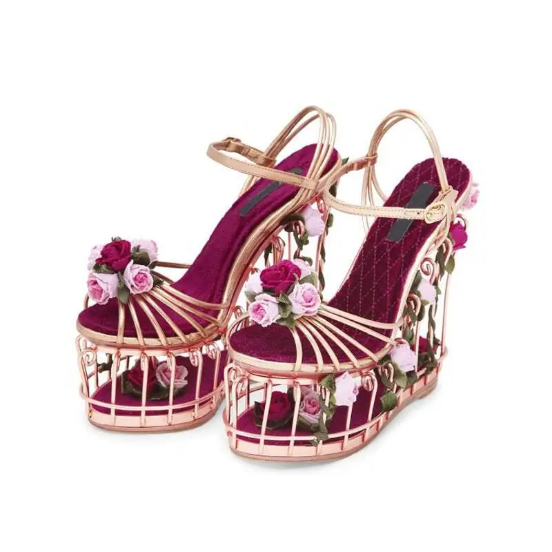 

Top Quality Platform Shoes Summer Women Hollow Wedges Rose and leaves Studded Sandals Wedding/Party Shoes 17CM Super High Heels