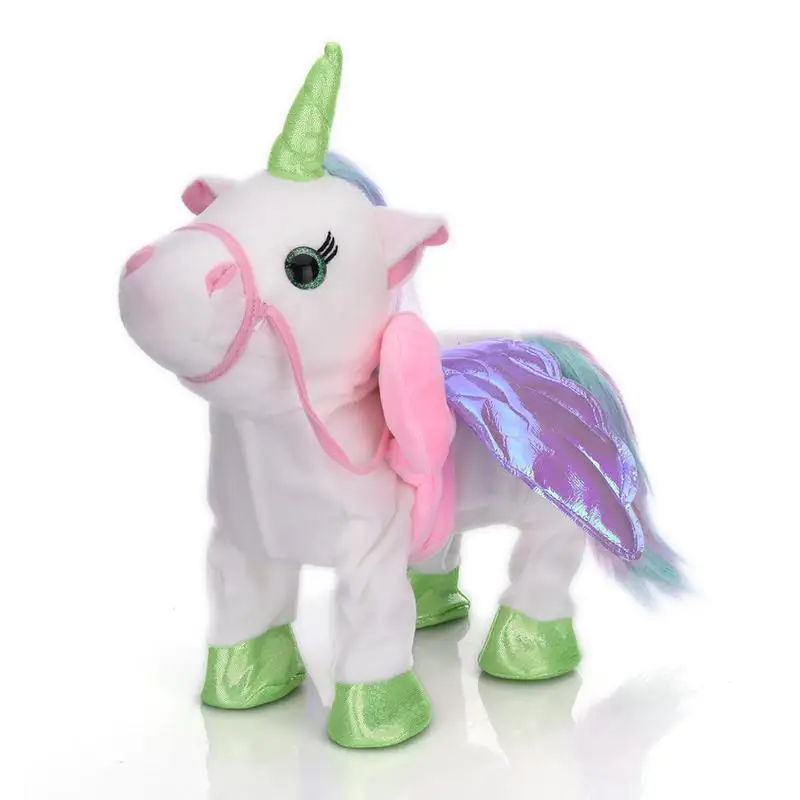 Симпатичные Единорог поводок Летающий лошадка с куклой может ходить может петь Электрический Дракон плюшевая игрушка лошадь - Цвет: White