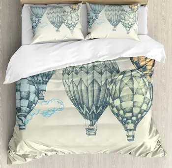 

Vintage Decor Duvet Cover Set Hot Air Balloons in Soft Tone Fly in Sky Lighter Than Air High Tourism Artful 4 Piece Bedding Set