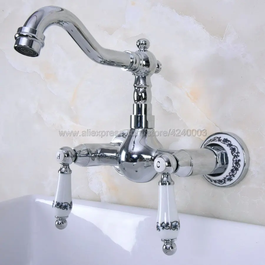 

Polished Chrome Dual Handles Bathroom Kitchen Sink Faucets Wall Mounted Swivel Spout Kitchen Mixer Taps Kna962