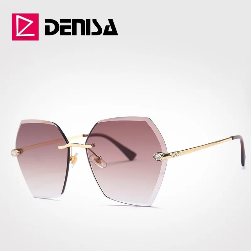 DENISA, синие женские солнцезащитные очки без оправы,, стразы, шестигранные солнцезащитные очки для девушек, летние очки, Ретро стиль, UV400, оттенки для женщин, G25084 - Цвет линз: Brown Sunglasses