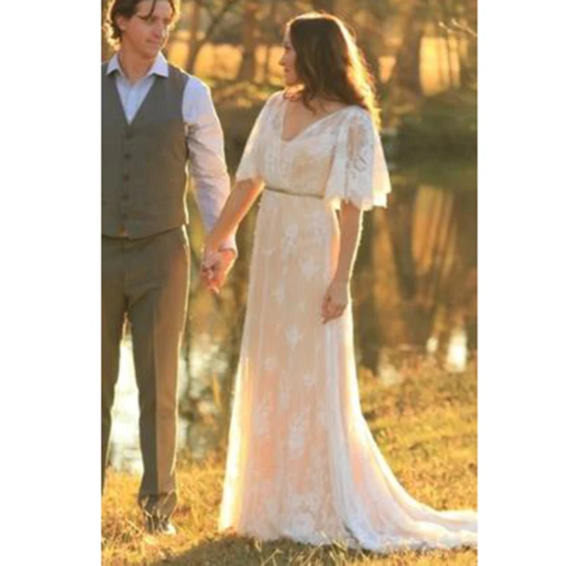Лори Бохо свадебное платье размера плюс V шеи кепки рукава кружева невесты платье на заказ свадебное платье robe de mariee
