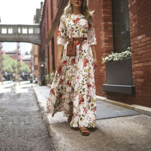 Женская Туника Макси бохо, свободное Повседневное платье, цветочный принт, летнее пляжное вечернее длинное платье, сарафан