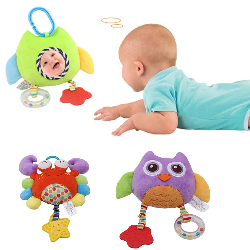 Baby Rattles Toy Plush Stuffed Owl Hanging Sound Mirror Teether