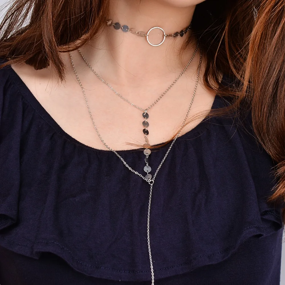 

2 pcs Fashion Sequin Choker Necklace Multilayer Metal Chain Chokers Statement Necklace Collar Wedding Jewelry for Women
