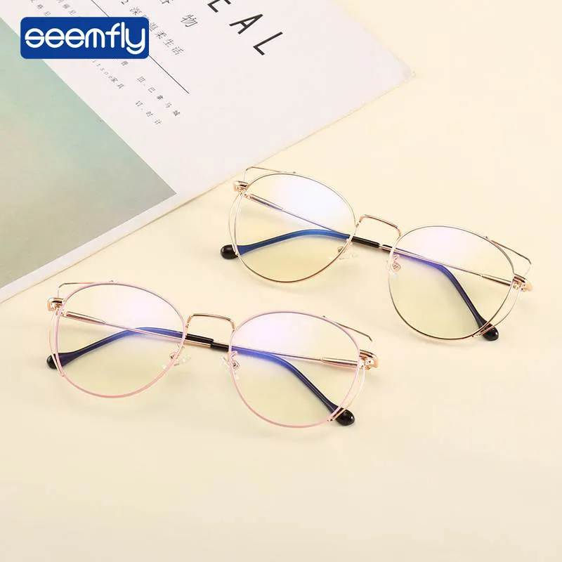 

Seemfly New Vintage Cat Ears Flat Mirror For Women Anti-Blue Glasses Metal Frame Can Matched myopia lens Antifatigue Computer