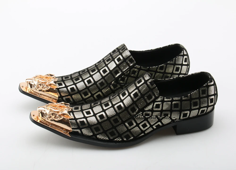 

Eunice Choo Genuine Leather Wedding Men Shoes Casual Slip On Men Loafers Lion Metal Toe Checkered Prints Nigtclub Men Shoes