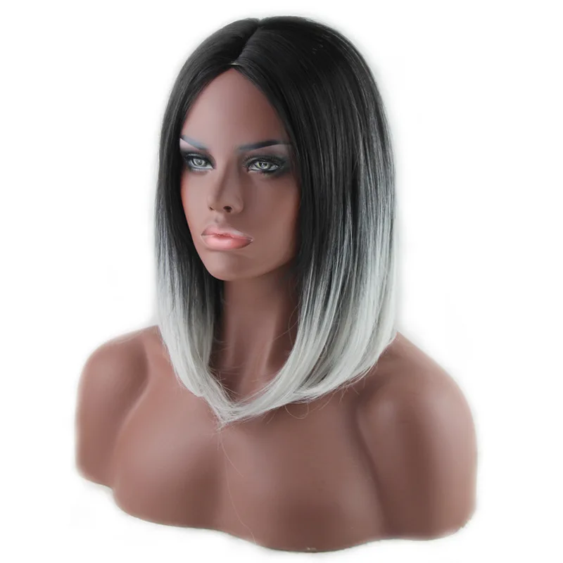Ombre Wig Black Gray White Mixed Women Short Grey Wigs Straight Bob Wig