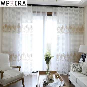 

flocking leaf design window curtains for Living room soft white voile solid Rural Tulle Curtain for bedroom ready made s196&30