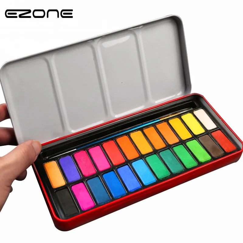

EZONE Kawaii Water Color 18 Colors / 24Colors Solid Acrylic Paint With Red Paint Box Portable Watercolor Pigment Set Art Paint