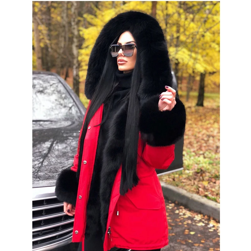 Меховая куртка, зимняя меховая парка размера плюс, модная, натуральный Лисий мех, воротник и капюшон, красная куртка, толстые кроличьи парки на подкладке для женщин