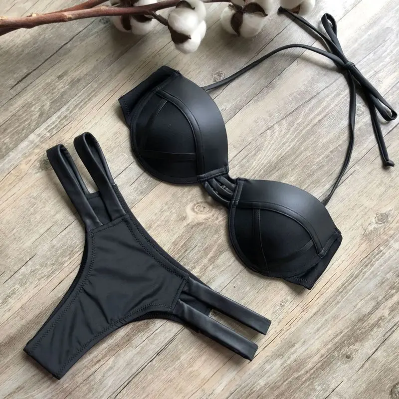 

2019 Black Thong Bikini Push Up Padded String Tied Top Two Pieces Swim Suit Solid Bathing Suit Swimwear Beachwear