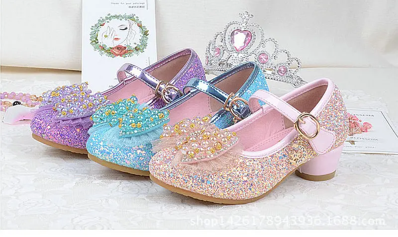 

Fashion Kids Children Girls Princess Sandals Pearl Bowtie Leather Shoes Party Dancing High Heels Shoes 4~12 years old
