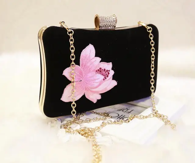 Vintage Embroidery Rose Printed Floral Women Evening Bag Pink Black