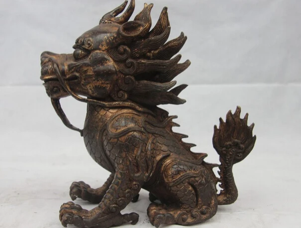 

USPS to USA S1071 9" China Bronze Copper Feng Shui Dragon Foo Dog Lion Kirin Unicorn kylin Statue B0401