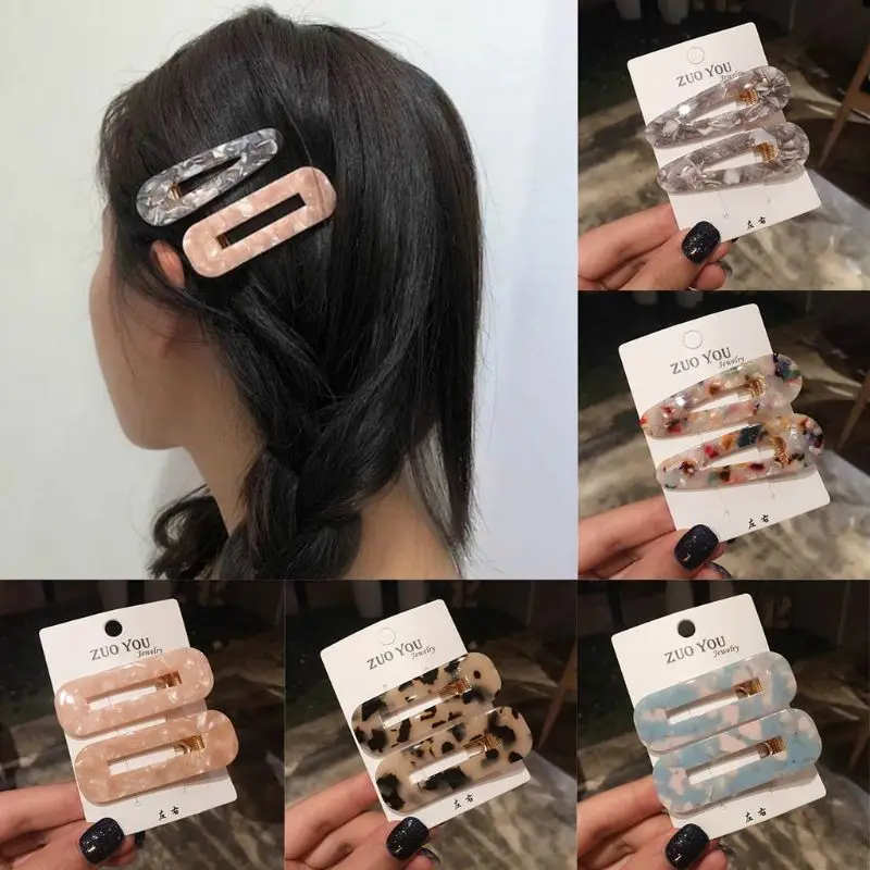 

2pcs Korean Style Women Acetic Acid Hollow Geometric Hair Clips Marble Textured Duckbill Hairpins Water Drop Rectangle Barrettes
