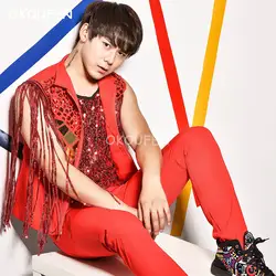 Корейский Красный кисточкой костюмы с блестками жилет Человек золото зеркало AB кристаллы куртка ночной клуб бар DJ певец этап комплект