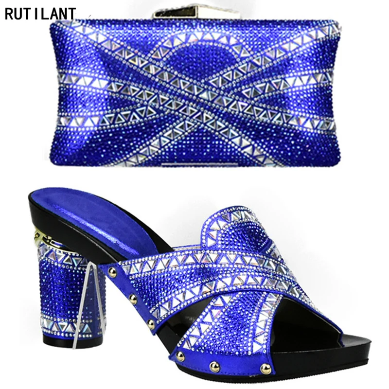 

Blue Color Ladies Matching Shoe and Bag Set Decorated with Rhinestone Nigerian Party Shoe and Bag Set High Quality Shoes and Bag