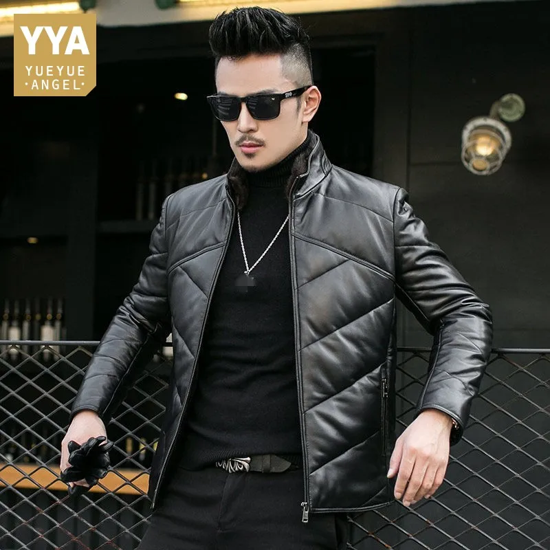 

Brand Sheepskin Down Coat Men Slim Short Genuine Leather Jacket Stand Collar Winter Fleece Warm Casual Outerwear Plus Size 4XL