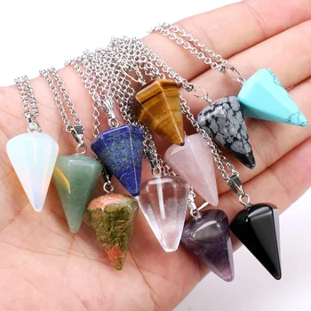 

Natural Quartz Crystal Stone Energy Healing Point Reiki Chakra Cut Gemstones Pendant Necklace with Metal Chain